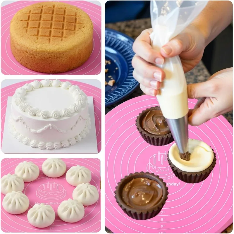 Silicone Cake Mat,12 Inch Round Silicone Mat,Cake Mat with Measurements,Cake Turntable Mat,Reusable Cookie Mat for Rolling Dough
