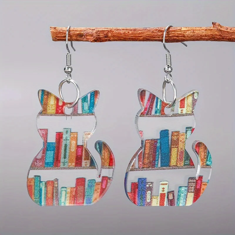 Creative Cat Shape Acrylic Earrings for Women, Fashion Bookshelf Design, Teacher-Themed Animal Dangle Ear Jewelry