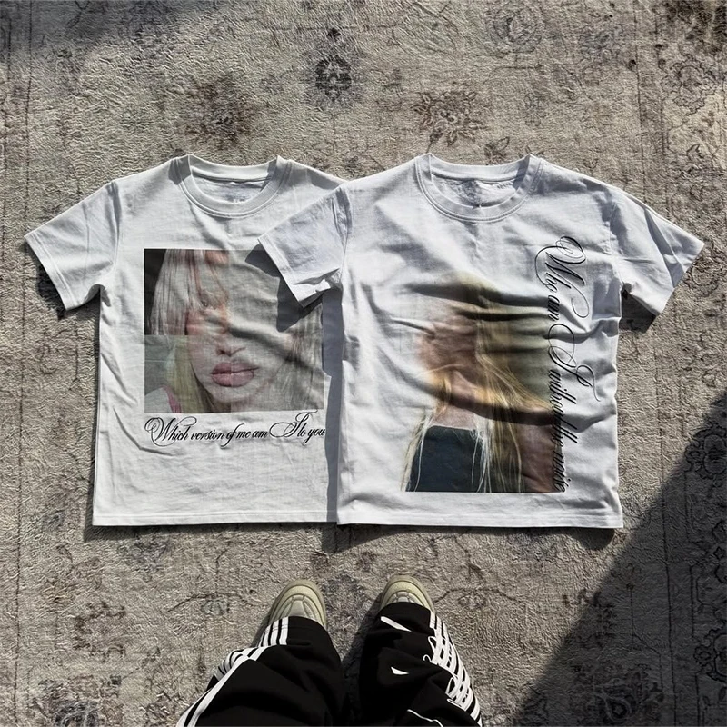 

Fashion Letter Portrait Pattern Printing Oversized Short Sleeve T-Shirt Y2K Men Women Comfortable Loose Streetwear Sweatshirt