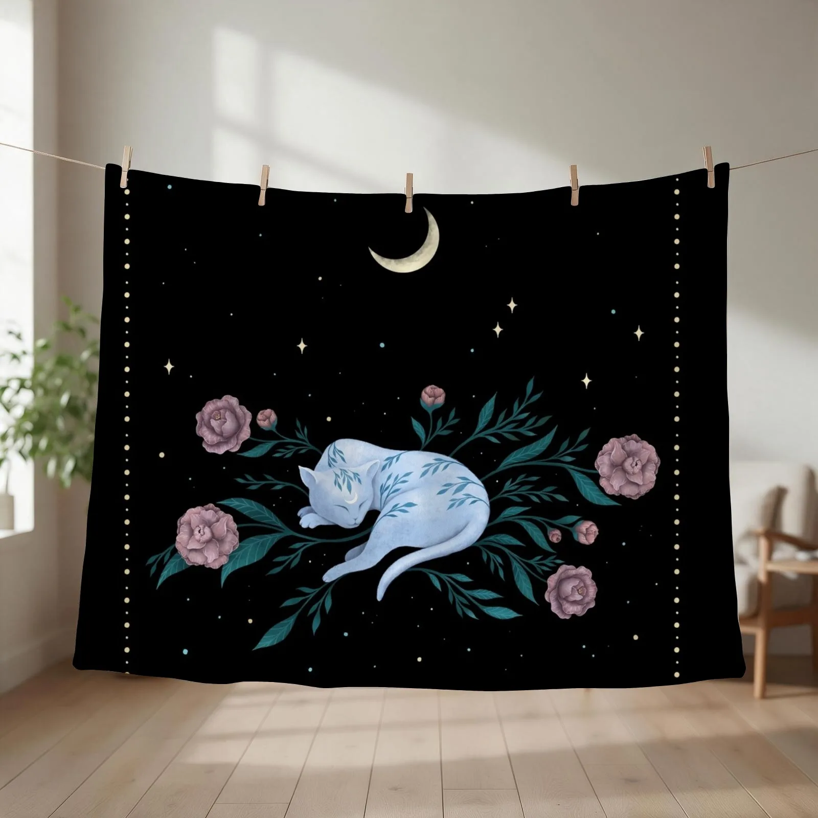 Cat Dreaming of Moon Throw Blanket couch cozy soft plush fuzzy picnic outdoor blanket