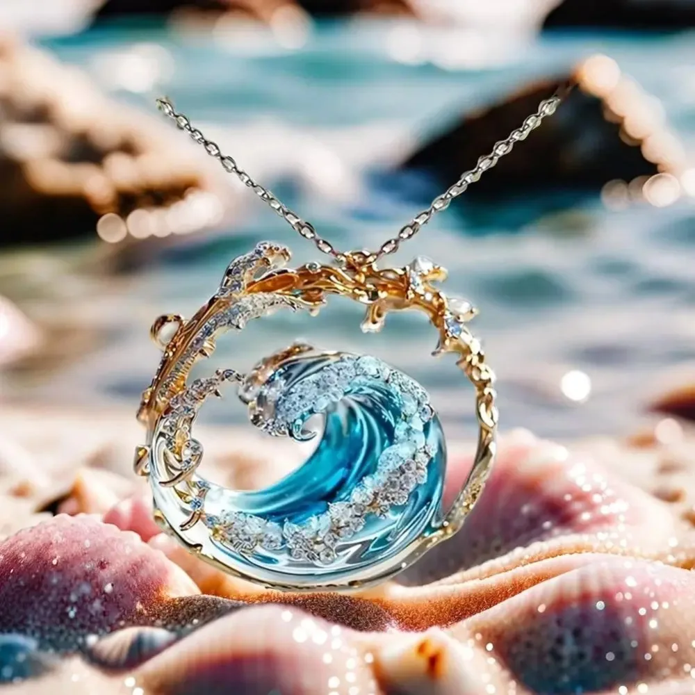 High Quality Resin Crafts Creative Rings Necklaces Earrings Wave Pendant Sky Blue Luxury Crystal Jewelry Holiday Gifts Earrings