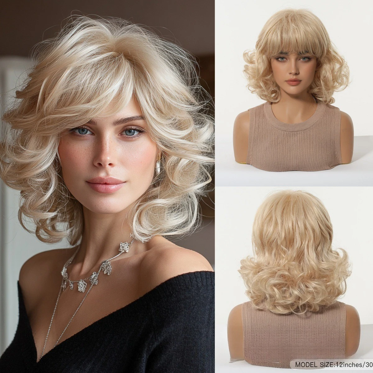 

Golden curly ribbon bangs with layered texture, naturally suitable for daily wear, high-temperature silk synthetic wig for women