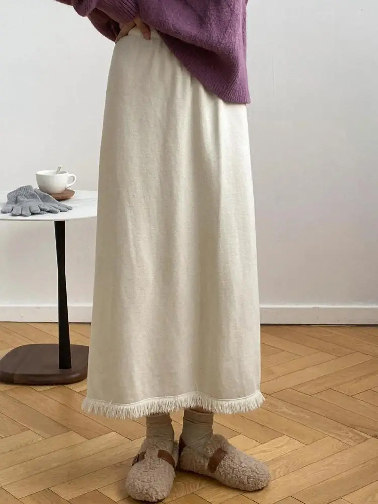 Herfst Winter Effen Kwastje Veelzijdige Gebreide Halve Rok Franse Retro Vrouwen Elegante Hoge Taille Vakantie A-lijn Lange Rok Populair