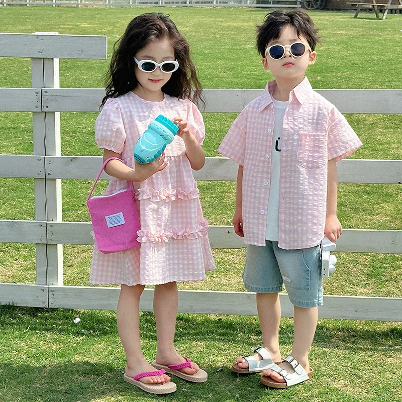 Brother Sister Matching Pink Plaid Outfits Holiday Look Baby Twin Clothes Little Girl Dresses Kids Boy Shirts Sibling Clothing