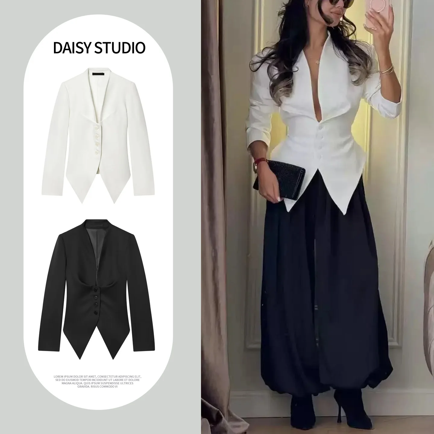 

Spring New Women's Slim Fit Asymmetric Hem Long Sleeve Deep V Neck Small Suit Jacket Fashionable Elegant Stylish Polyester Fiber