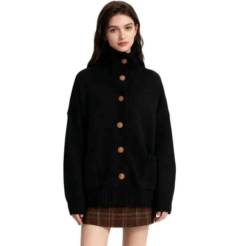 

Women's New Arrival Autumn Winter Black Turtleneck Knitted Cardigan Wooden Button Oversized Casual Fashion Top