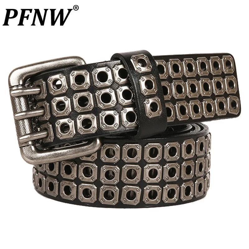 PFNW Punk Style Air-hole Hollow Rivets Men's Head Layer Cowhide Belt Nightclub Unisex Three Pin Buckle Belts Trend New 28W5808