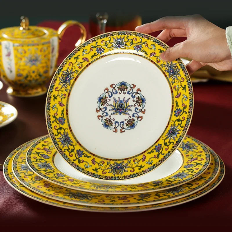 

Bowl Dish Suit Household Jingdezhen Ceramic Emperor Yellow High-Grade Enamel