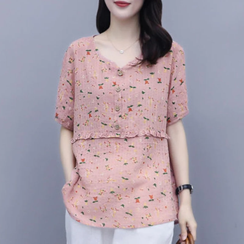 Women Ruffle Floral Print Retro Cotton Linen Blouses Summer Korean Fashion O Neck Short Sleeve Shirts Casual Loose Y2K Tops Ropa