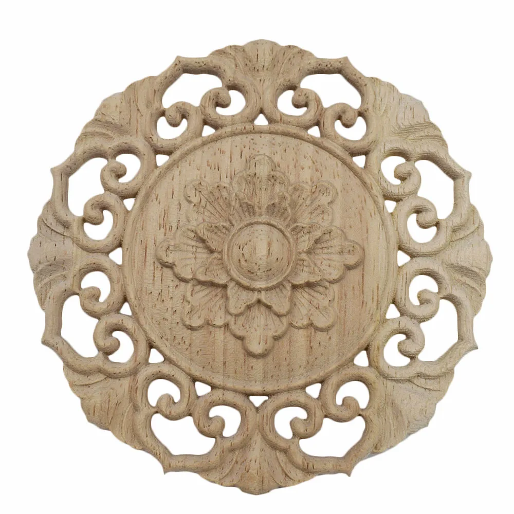 

5PCS 12cm Round Flower Carving Wood Appliques Furniture Wooden Mouldings Vintage Unpainted Accessories Decoration Figurines