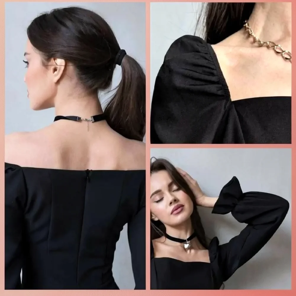 Fashion Women Summer Dress Puff Sleeve Square Collar High Waist A Line Slim Solid Color Temperament Elegant Wedding Party