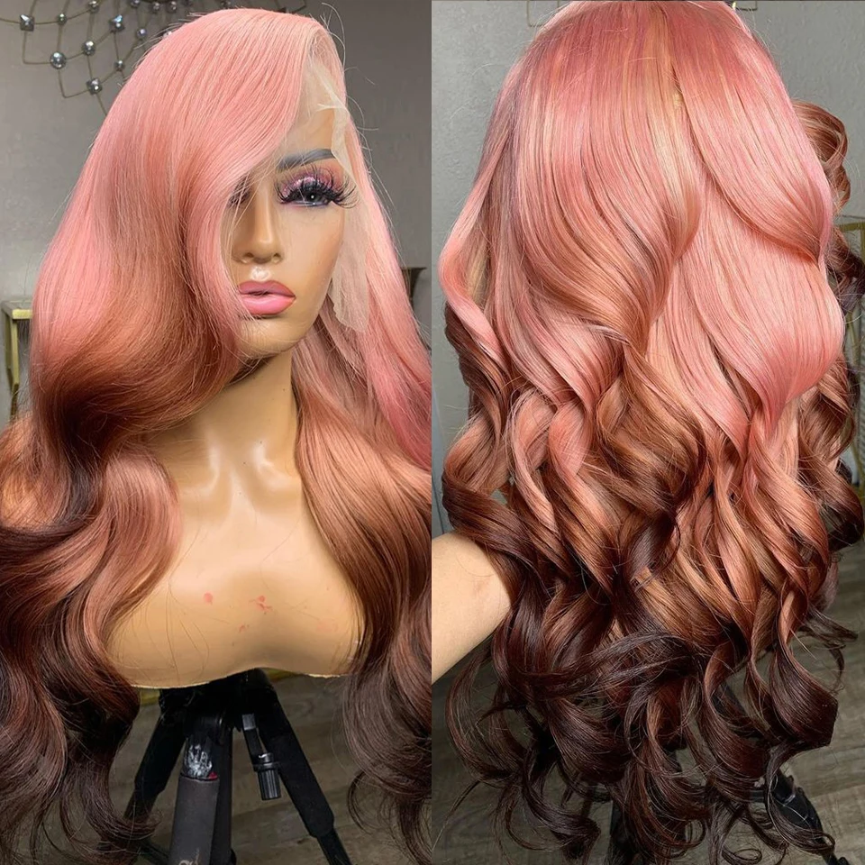 Perucas de cabelo humano ondulado para mulheres, cabelo remy brasileiro, peruca frontal de renda transparente, destaque ombre colorido, marrom e rosa, 180%