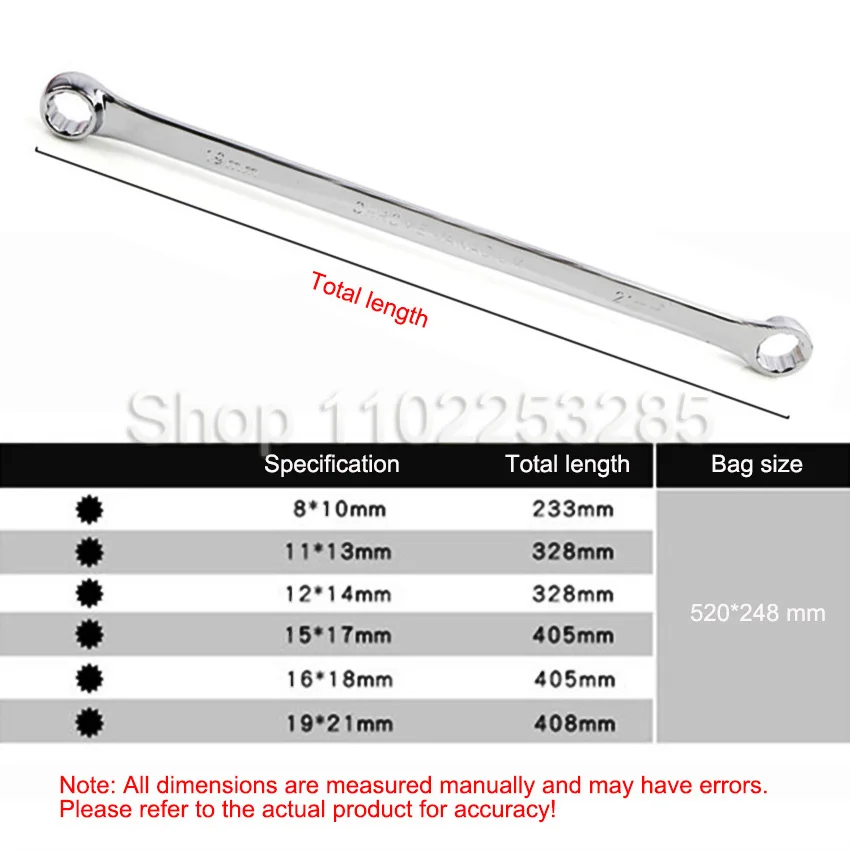 Extra Longo Duplo Anel Box End Wrench Set, Chave de Aviação, Kit Chave Soquete, Longo, Vida, 12 Núcleos, 8mm-21mm, 6Pcs