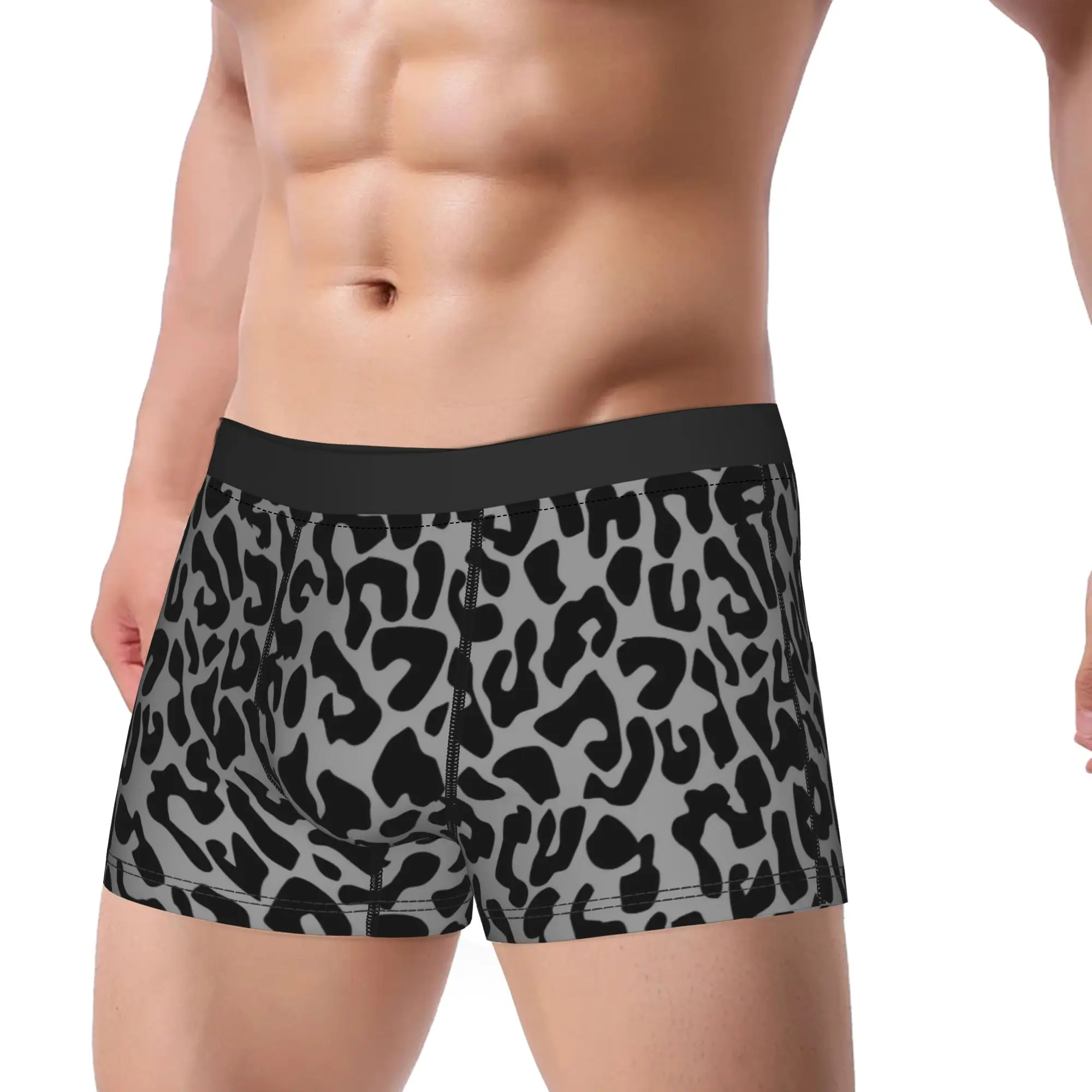 Roupa interior longa de leopardo preto masculino chita animal engraçado boxer briefs shorts calcinha masculina macia plus size