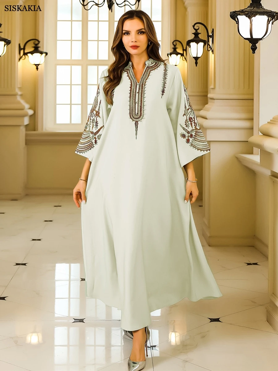 Siskakia Dresses With Long Sleeves Embroideried Beading Muslim Dubai Woman’s Abayas Casual Fashion Loose Luxurious Evening Dress