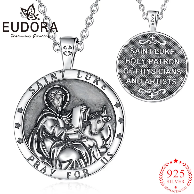 

Eudora 925 Sterling Silver Saint Luke Necklace Cross Christian Pendant Amulet Bull Vintage Jewelry Men Women Personality Gift