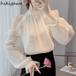 Temperament Lady Tops Korean Chic Blouses for Women Beading O-neck Long Sleeve Shirts Off Shoulder Summer Loose Camisas De Mujer