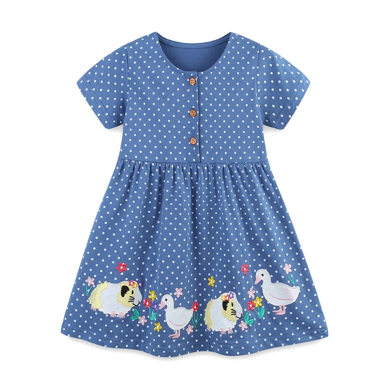 

Jumping Meters 2-7T Summer Girls Dresses Animals Embroidery Short Sleeve Buttons Children's Clothes Toddler Wear