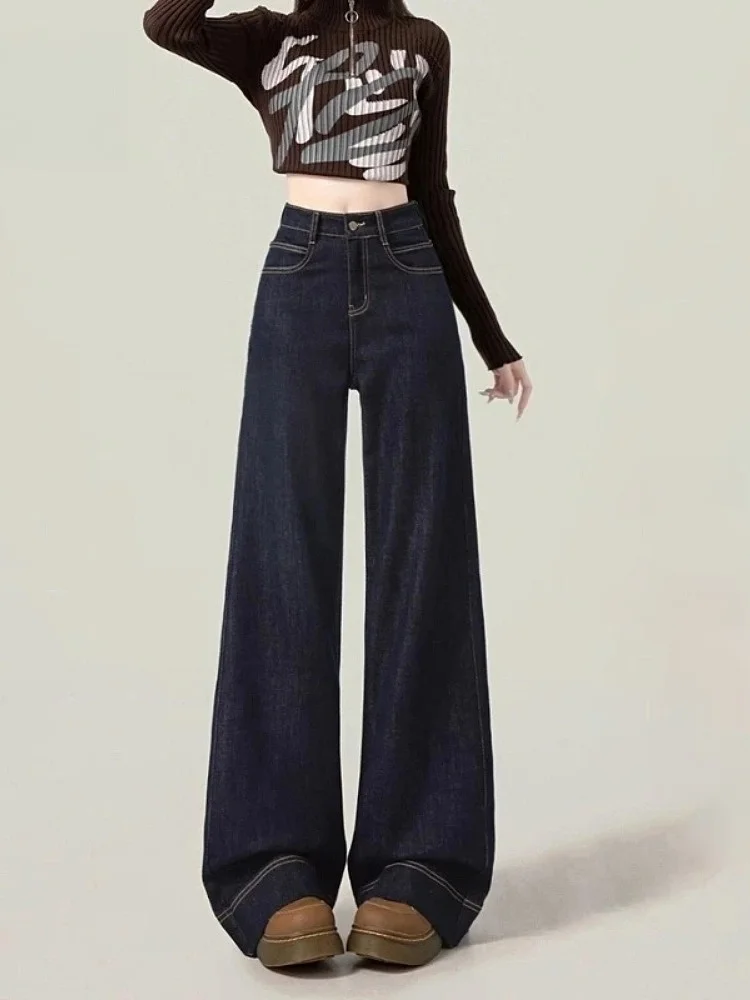 Calça jeans feminina anti-desbotamento, perna larga, americana, corte solto, elástica, preguiçosa, queimada, até o chão, calças de emagrecimento