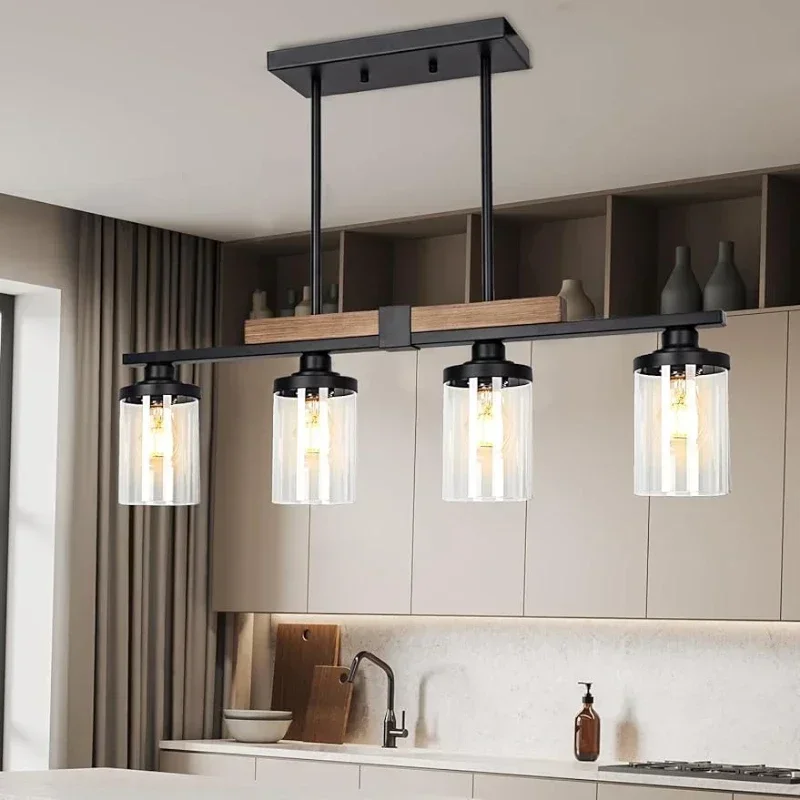 Dining Room 4-Light Kitchen Island Lighting, Modern Wood Chandelier with Adjustable Height,Ceiling Hanging for Living Room