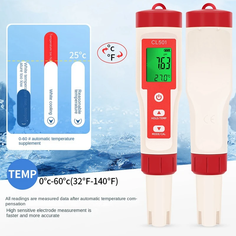 Hot 5 In 1 Water Quality Detection Pen PH/ Residual Chlorine/ Hydrogen/ ORP/ Temperature Portable Multifunctional Test Pen