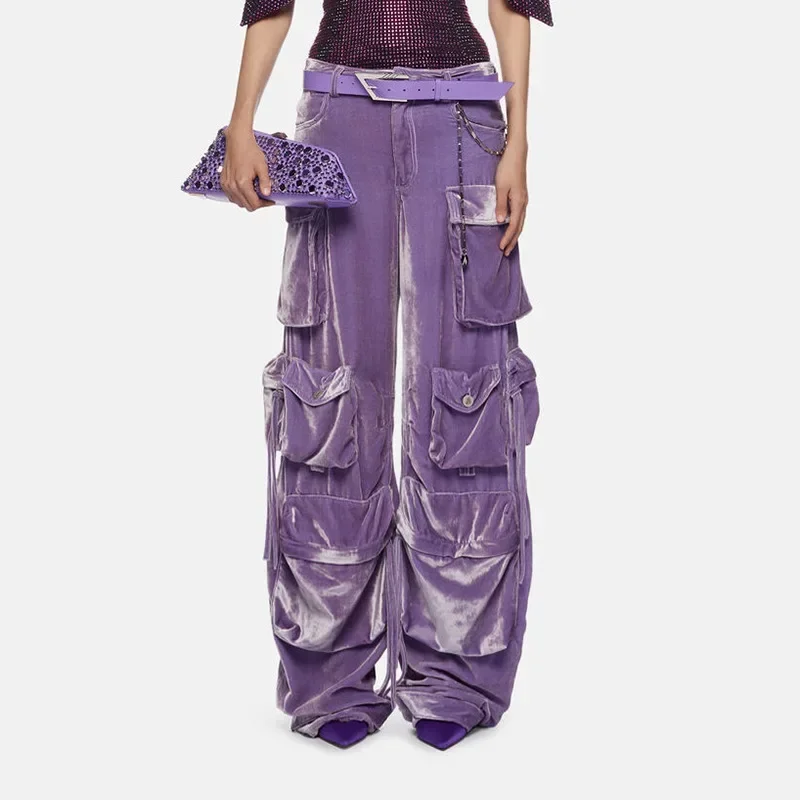 Straight-leg Overalls Multi-pocket Cargo Trousers High-waisted Velvet Pants for Women Personality Wide Pants Female Streetwear