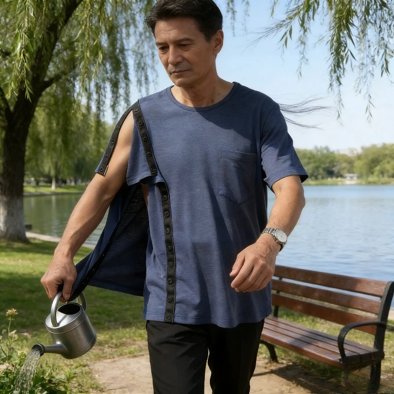 

Snap Button Nursing Tshirt for Arm Fracture Postoperative Elderly Easy Wear Patient Clothes