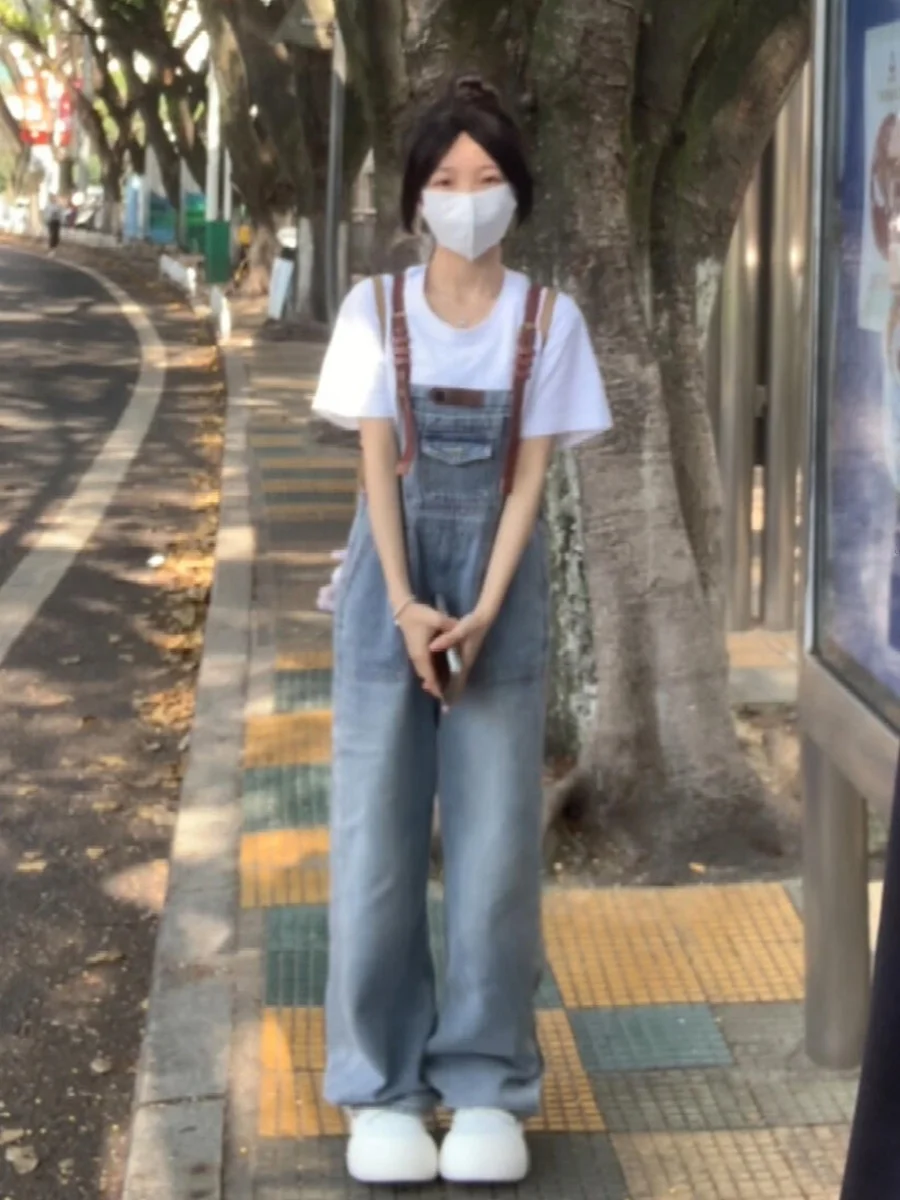 

Retro Japanese Brown Leather Buckle Denim Overalls Women's Small Size Summer Hong Kong Style High Waist Loose Slim Wide Leg P...