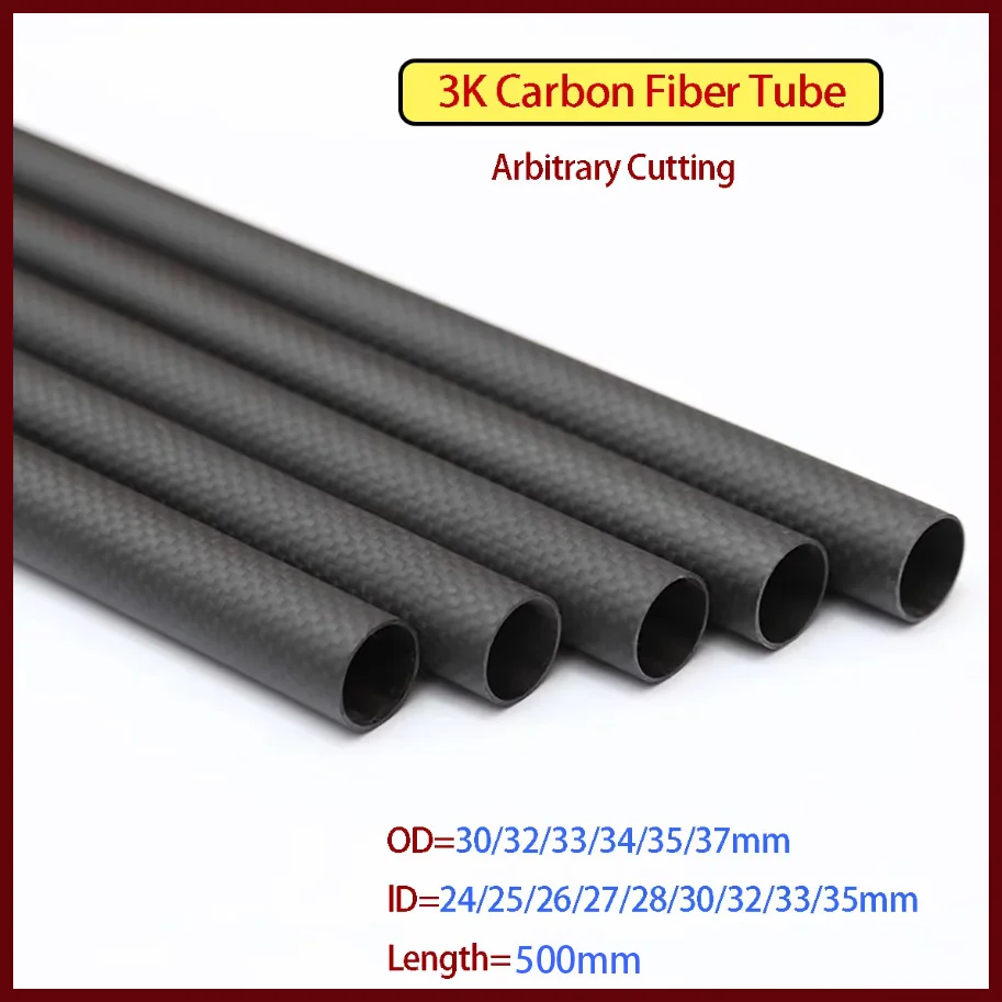 3K Carbon Fiber Tube Length= 500mm lD=24/25/26/27/28/30/32/33/35mm For RC Model Aircraft Drone Accessories OD=30-37mm