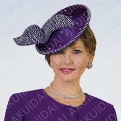 Fashion Purple Rhinestone Fascinator Hat For Women Wedding Derby Headpiece Ladies Wedding Pillbox Cap With Headband Race Chapeau