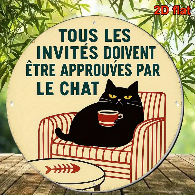 Here is the optimized title:  **Vintage French Cat Metal Sign Aluminum Wall Art Round 20.32cm Home Office Cafe Door Decor for