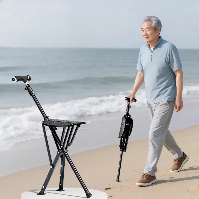Foldable Crutch Chair Portable Walking Stick Cane with Seat, Hiking Stick,for Camping, Lightweight Aluminum Walkers for Elderly
