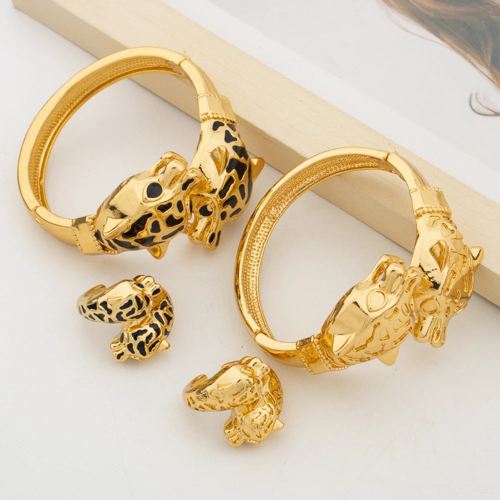 2sets/lot Bangle with Ring Jewelry Set for African 18k Gold Color Hand Bracelet Cocktail Ring 2Pcs Set for Daily Wear Wife Gift