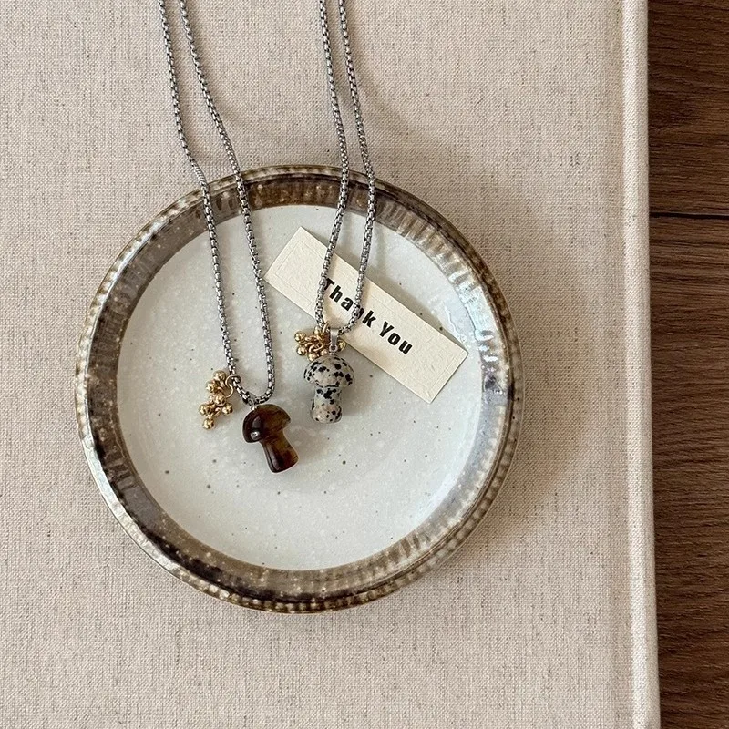 Tiger Eye Mushroom Necklace Natural Stone Long Lariat Chain Fade-Proof Boho Women Jewelry Healing Crystal Gift