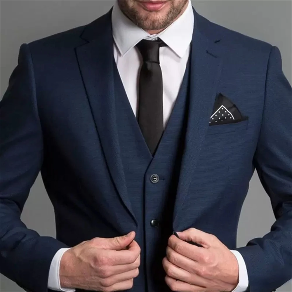 Navy Male Suits Slim fit Notched Lapel Wedding Tuxedos 3 Piece Sets Tailor Made Business Mens Costume (Blazer+Pants+Vest)