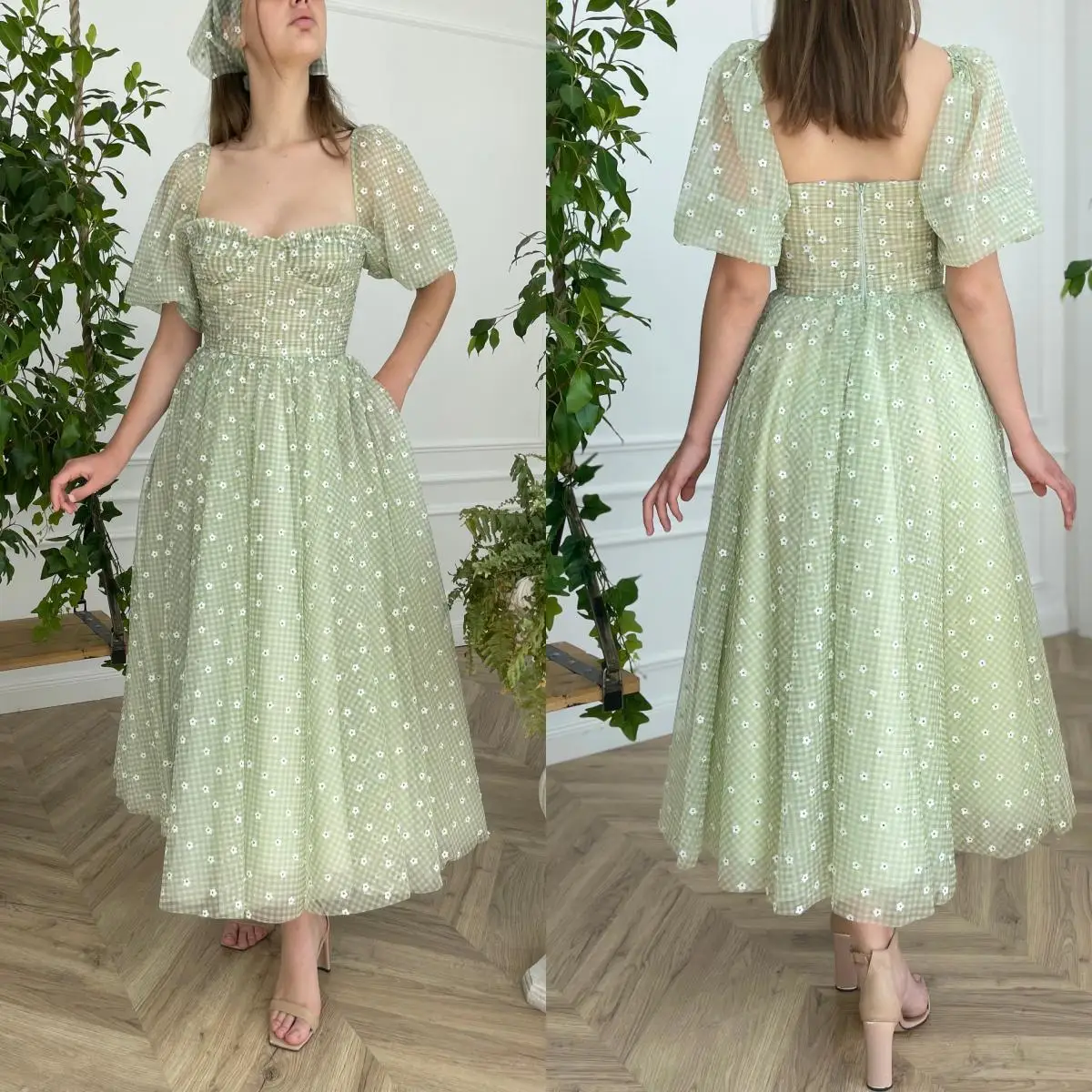 niestandardowe 14863 #   Sage Green Tulle Gingham Maki A Line Prom Dress Puff Sleeves Sweetheart Corset Tea Length Formal Party Gowns