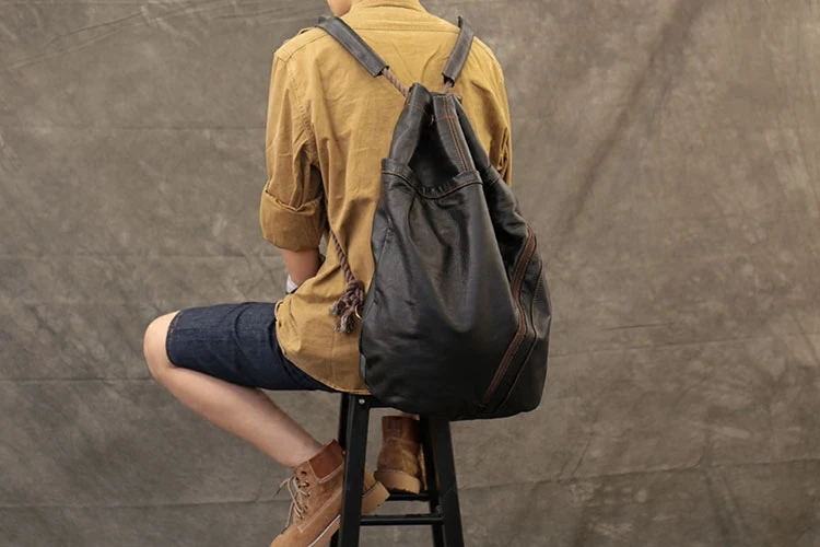 

Men's Backpack Large Capacity Drawstring Backpack Soft Genuine Leather Bucket Bag Women Concise School Travel Bag Male Schoolbag