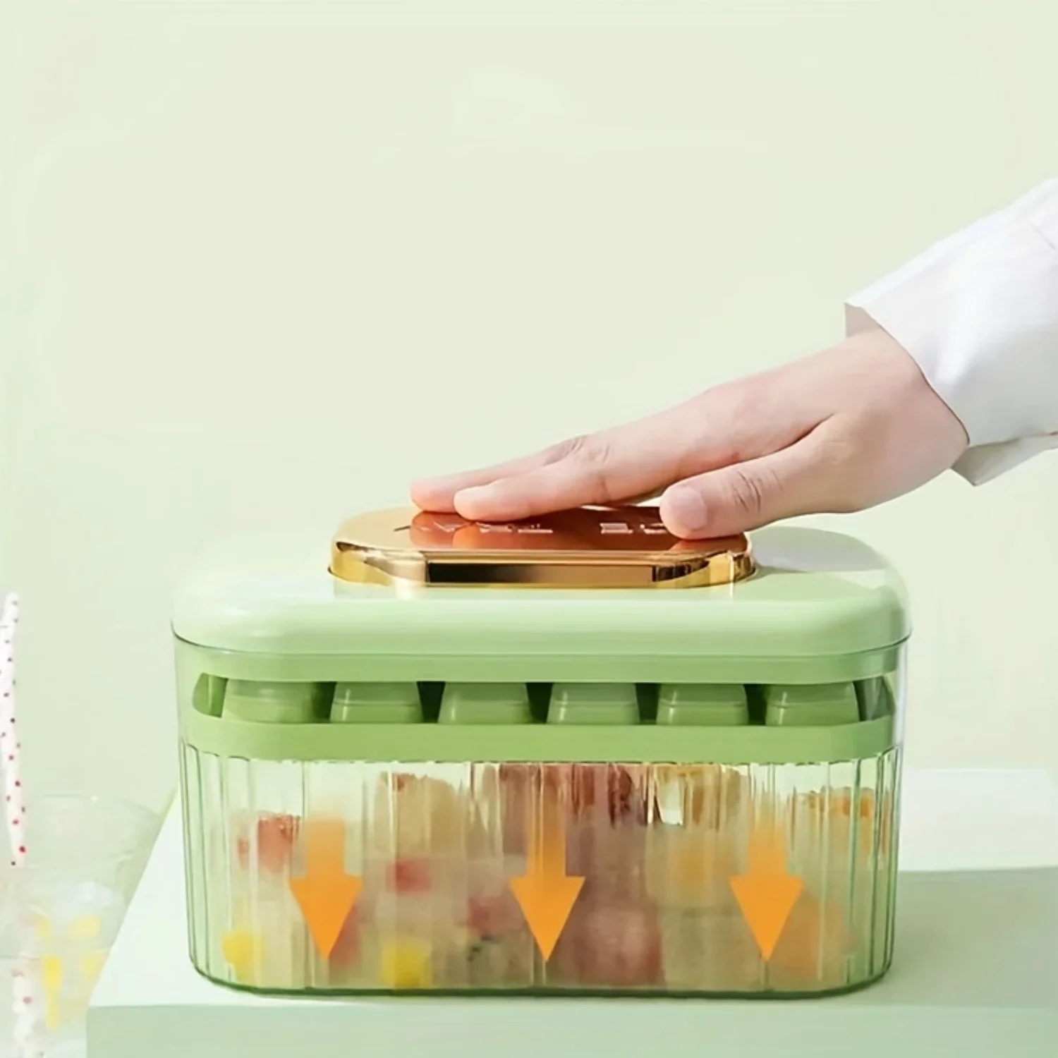 Pressed Ice Cube Mold Set Food Grade Silicone  Ice Box Press Plate Cover + Deicing Ice  Box + 24 Grid TPE Soft Bottom + Ice Shov