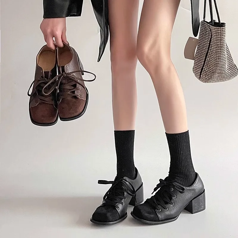 

Women's Coarse Heel leather Shoe Square Head Suede Before Lacing Low-top Shoe square head fashion splicing women's shoes tacones