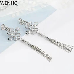 WENHQ New Chinese Knot Shape Clip on Earrings No Pierced for Women Fashion Long Tassel Drop Earrings Elegant Jewelry Ear Clip