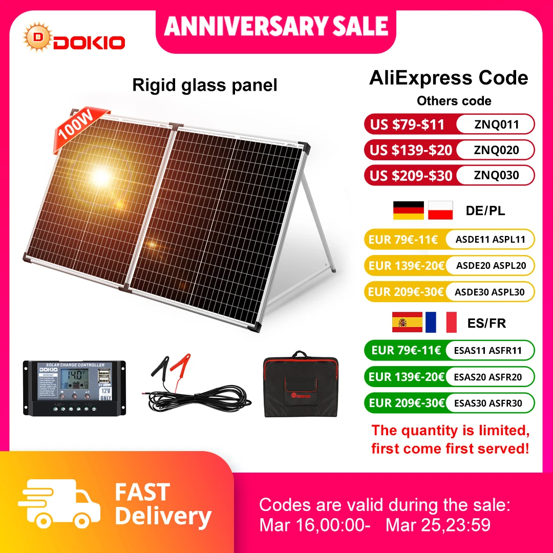 Pannello Solare Pieghevole Dokio Russia 100W 160W 200W con Regolatore 10A/20A per Sistema di Ricarica Batteria 12V
