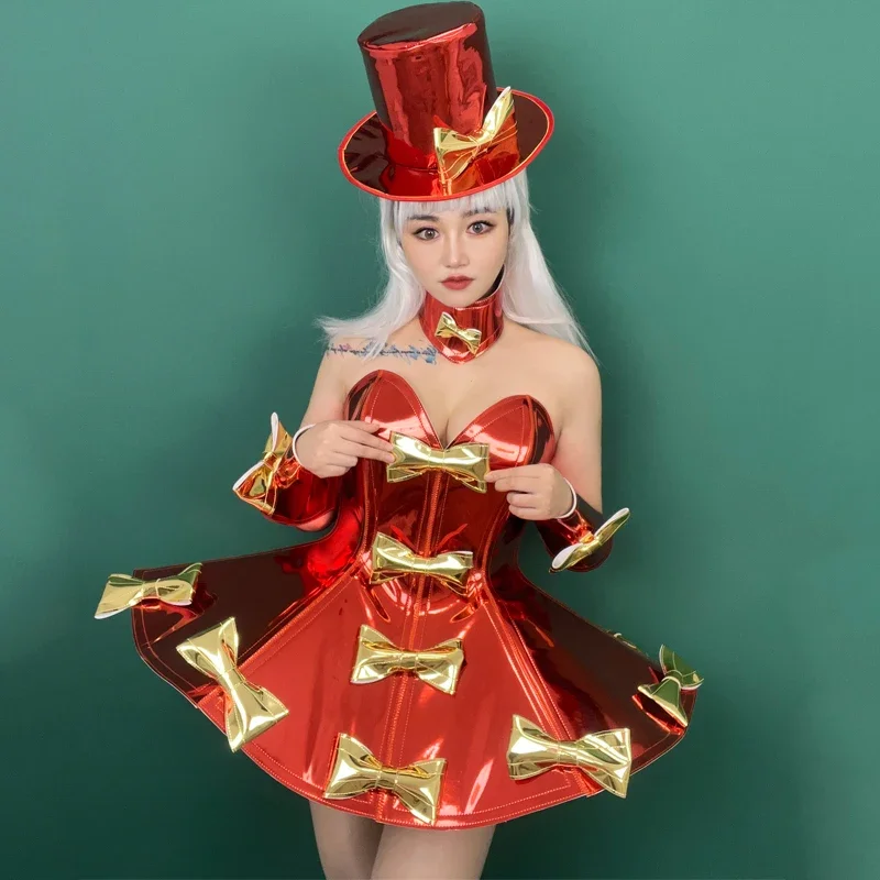녹색 빨간색 나비넥타이 파티 드레스 모자 섹시한 고고 댄서 의상 여성 코스프레 축제 의상 무대 공연 레이브 의류 XS7276