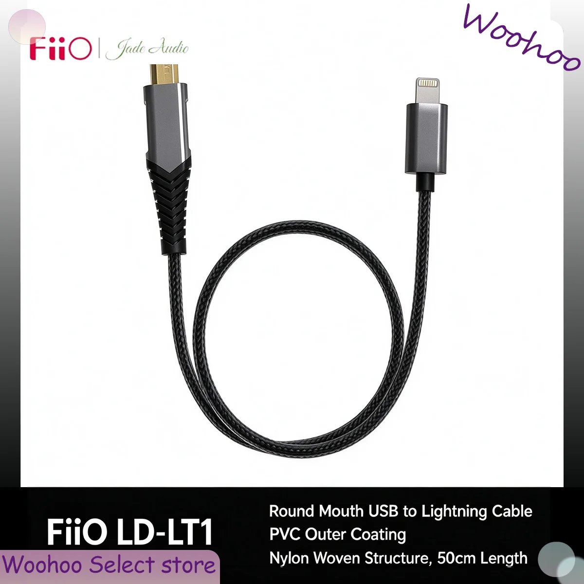 FiiO LD-LT1 Round Mouth USB To Lightning Adapter Cable PVC Outer Coating Nylon Woven Structure Design About 50cm Cable Length