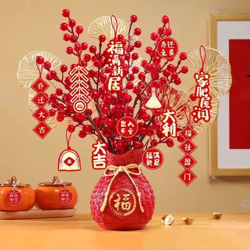 Chinese New Year Decoration Flower Basket, Christmas Red Berry Branches and Artificial Plants, Wedding, Dining Table Decoration