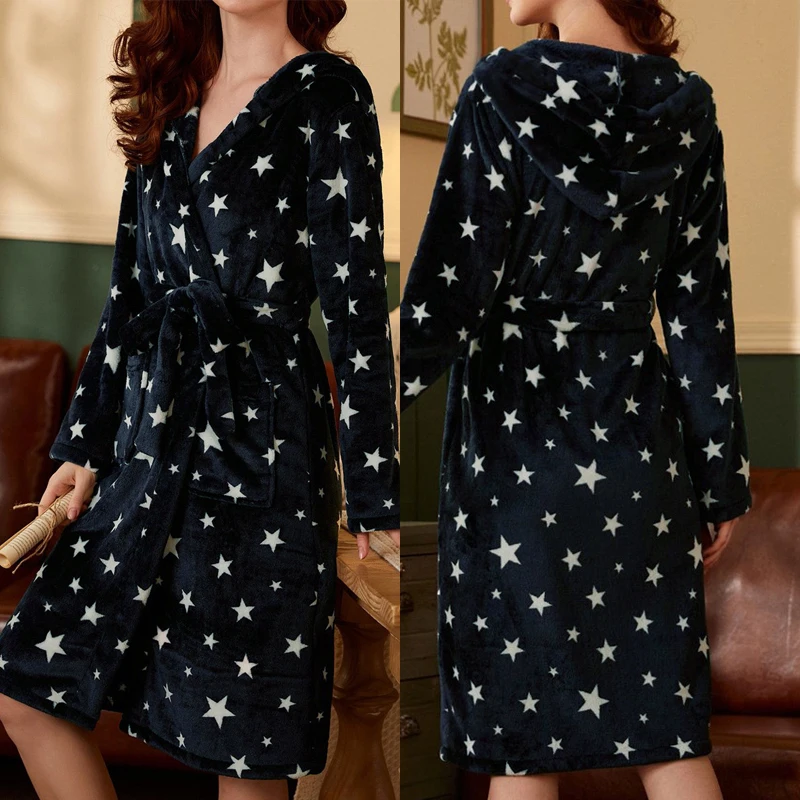 Star Printed Robe Autumn Winter Flannel Nightgowns Fashion Hooded Bathrobe Kimono Gown Intimate Lingerie Chemise Nightdress