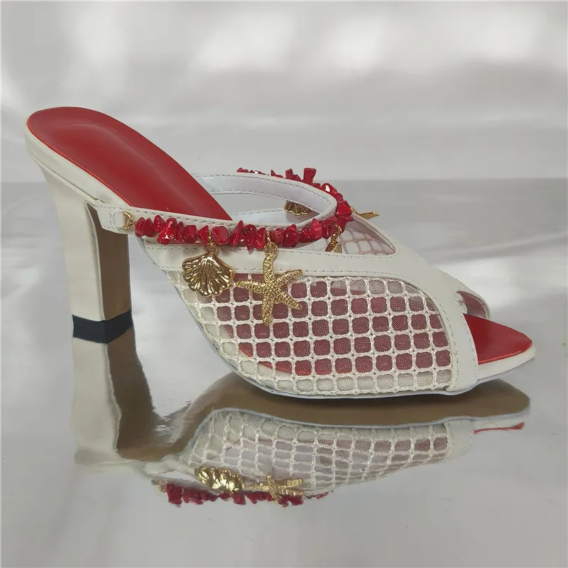 Women Mesh Peep Toe Mule Slippers Summer Beach Sea Shell Starfish Pendant Red Beaded Strap Slide Sandals Holiday Casual Shoes - view 2