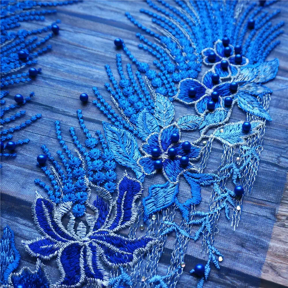 Blue Red Purple Lace Fabric Flower Tassel Beads Rhinestone Embroidered Gown Appliques Sew Patch For Wedding Decoration DIY