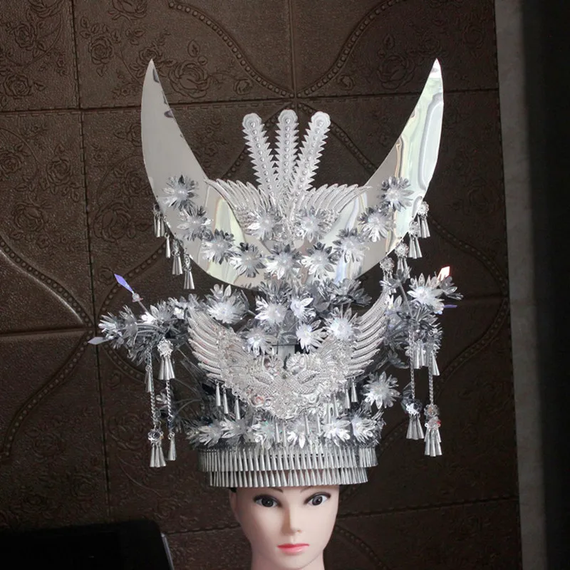 Metal Chinese Miao Silver Hat For Women Vintage Retro Photography Headdress National Minority Headwear Festival Hats