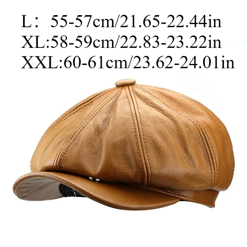 Real Cow Leather Big Head XXL 62cm Octagonal Hats Men's Large Size L XL Newsboy Hat British Fashion Cowhide Women's Berets Cap