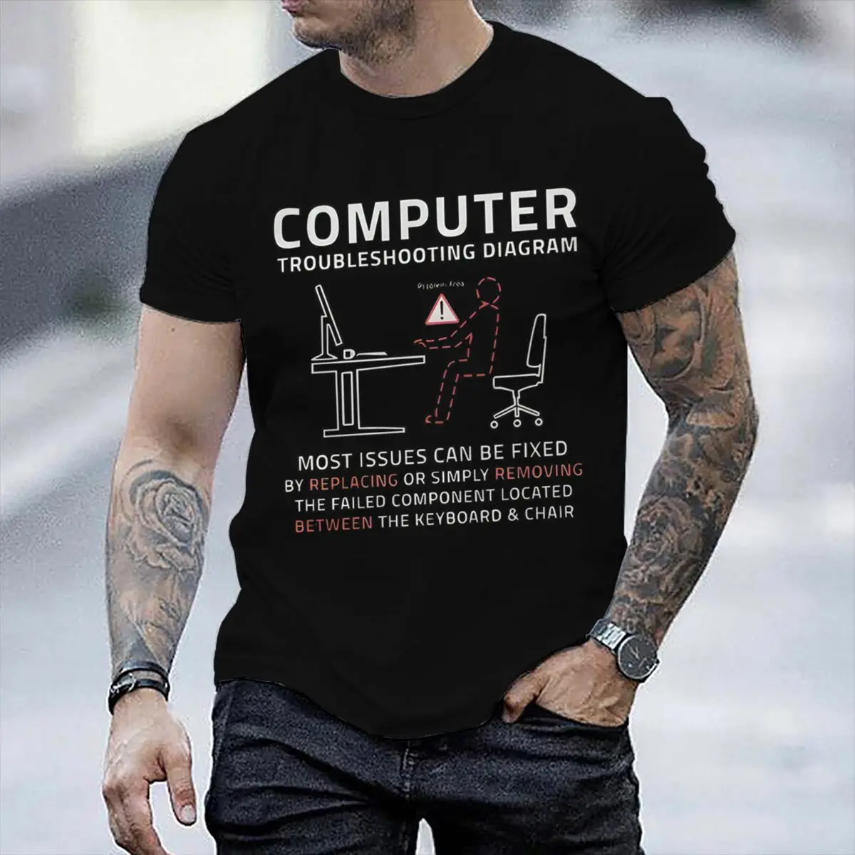 Computer Troubleshooting Diagram T Shirt Men Funny Technician Humor Graphic Tee Casual Programmer Short Sleeve